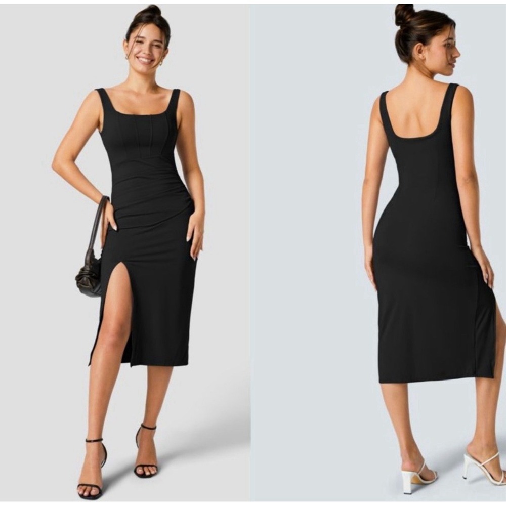 Halara Ruched Bodycon Midi Dress Black Built In Bra Sleeveless Size Large NWT